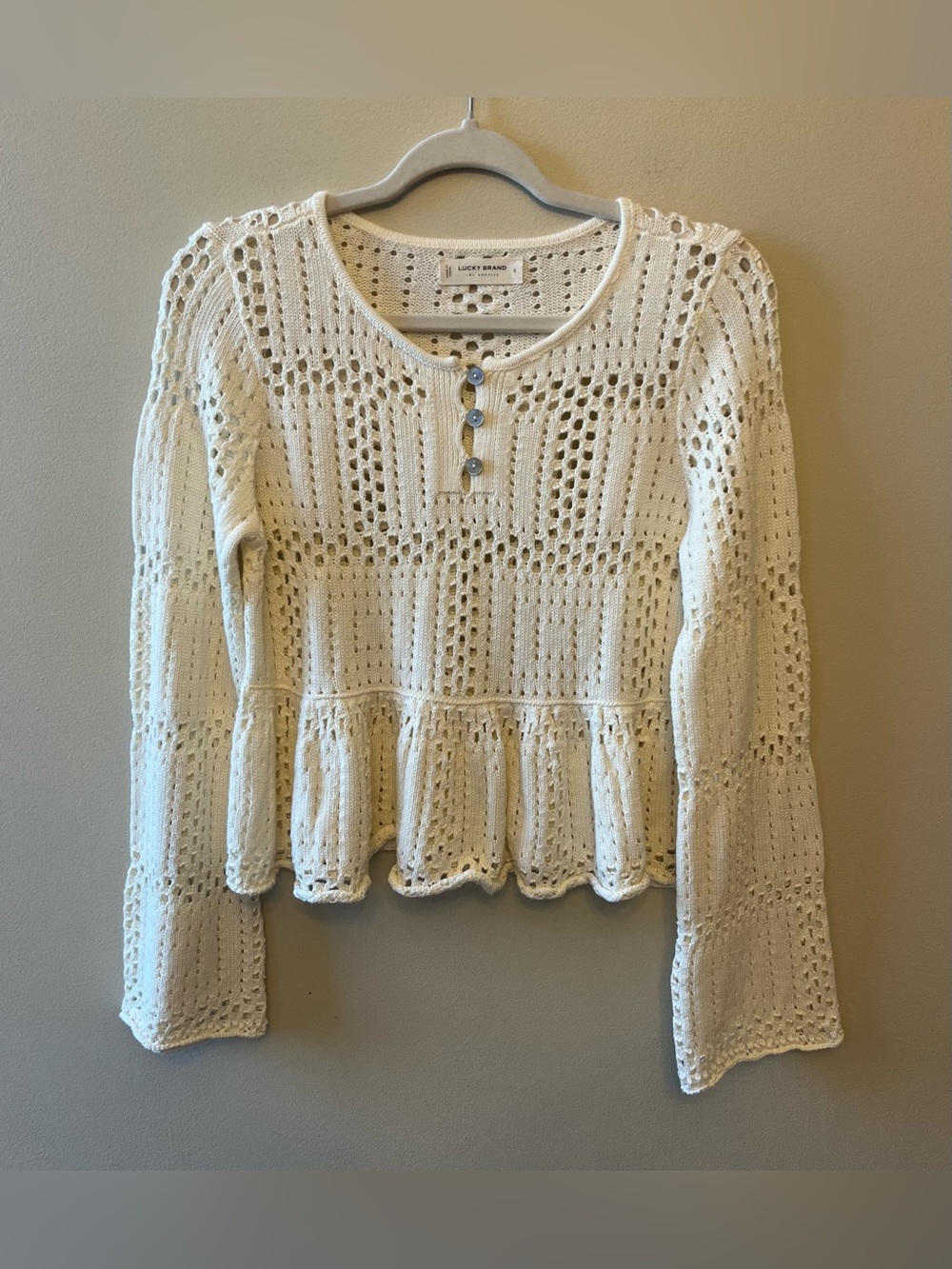 Lucky Brand Open Stitch Long Sleeve Peplum Sweater Women's Size Small Cream